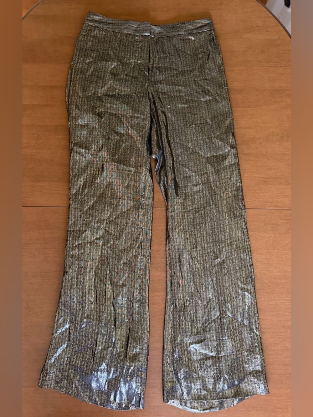 Vintage Metallic Ribbed Flared Pants - Gold Tone